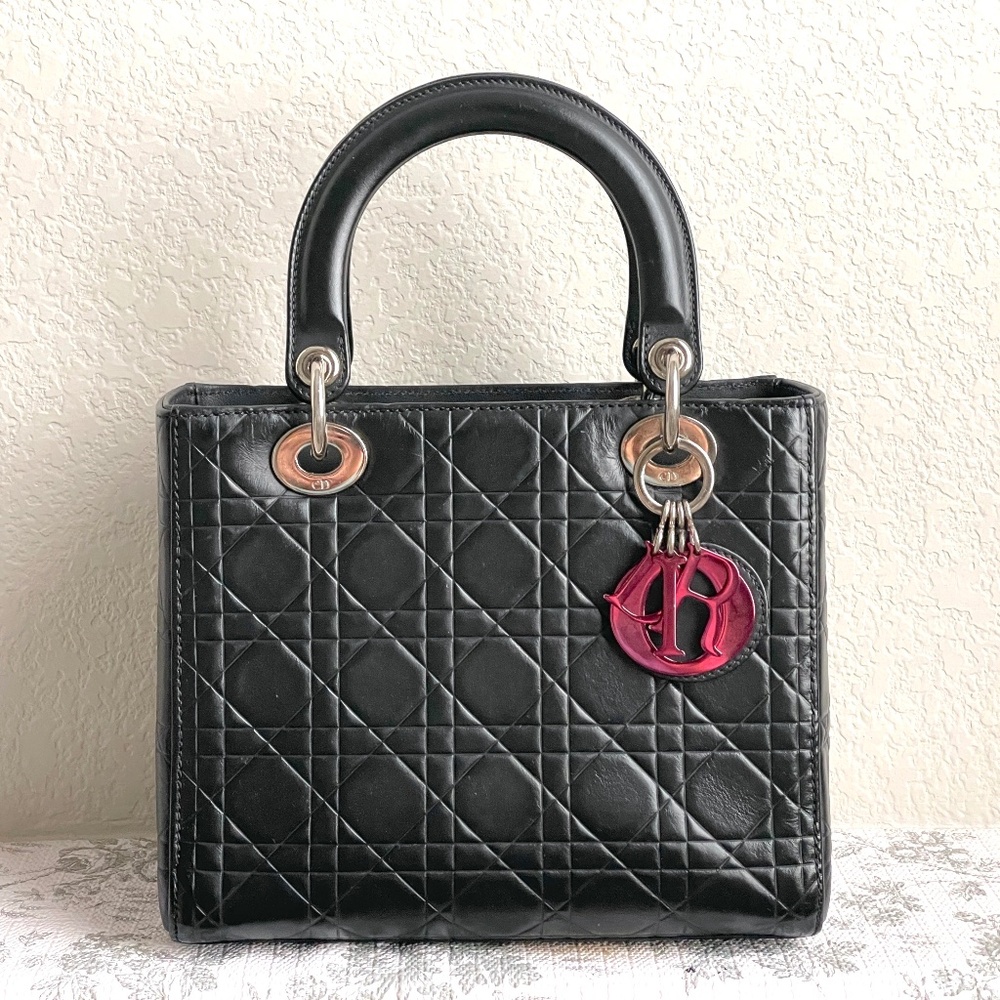 Christian Dior Cannage Lady Dior Black Leather Medium Tote / Handbag